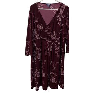 Chaps Womens Floral Print Long Sleeve V-Neck Dress Size 24W Burgundy & Pink